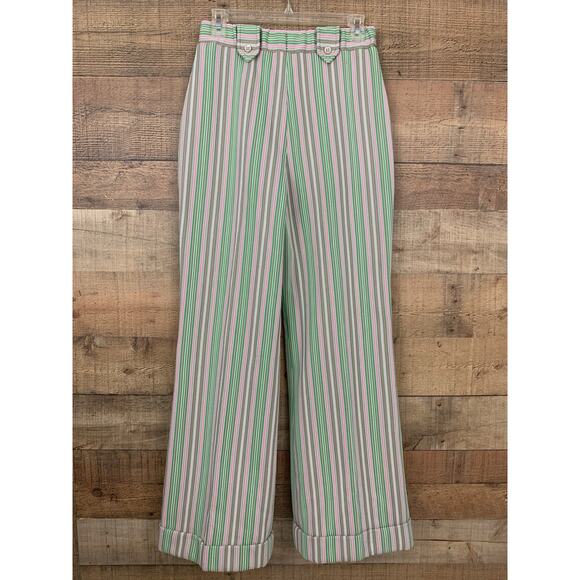 Vintage 1970s MOD Green Pink Pull On Bell Bottom Trouser Polyester Pants Sz S - Picture 2 of 7